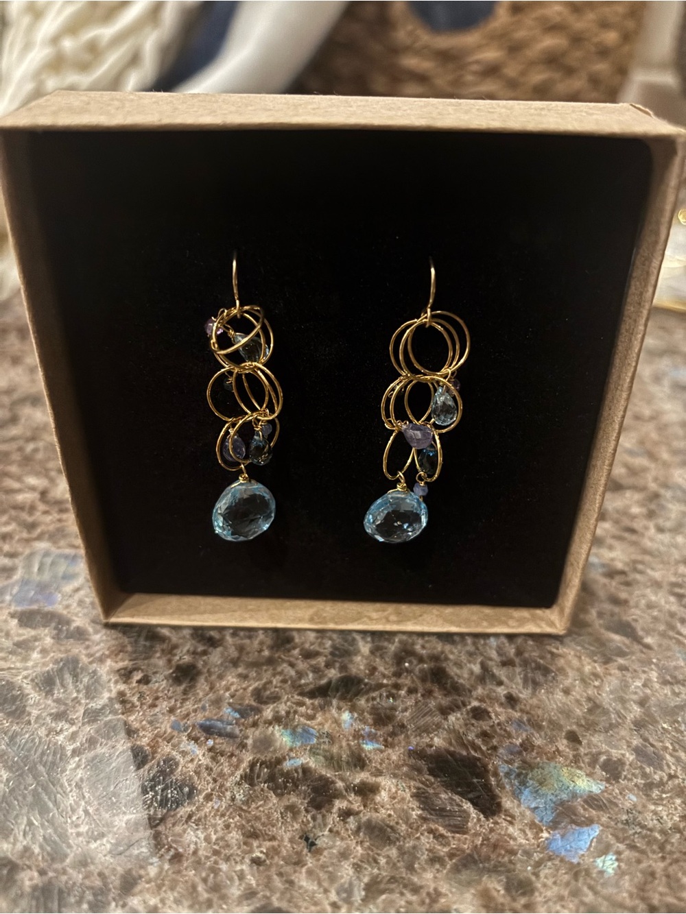 Mabel Chong Gold Loop Earrings with Blue Gem Drops - Women Jewelry